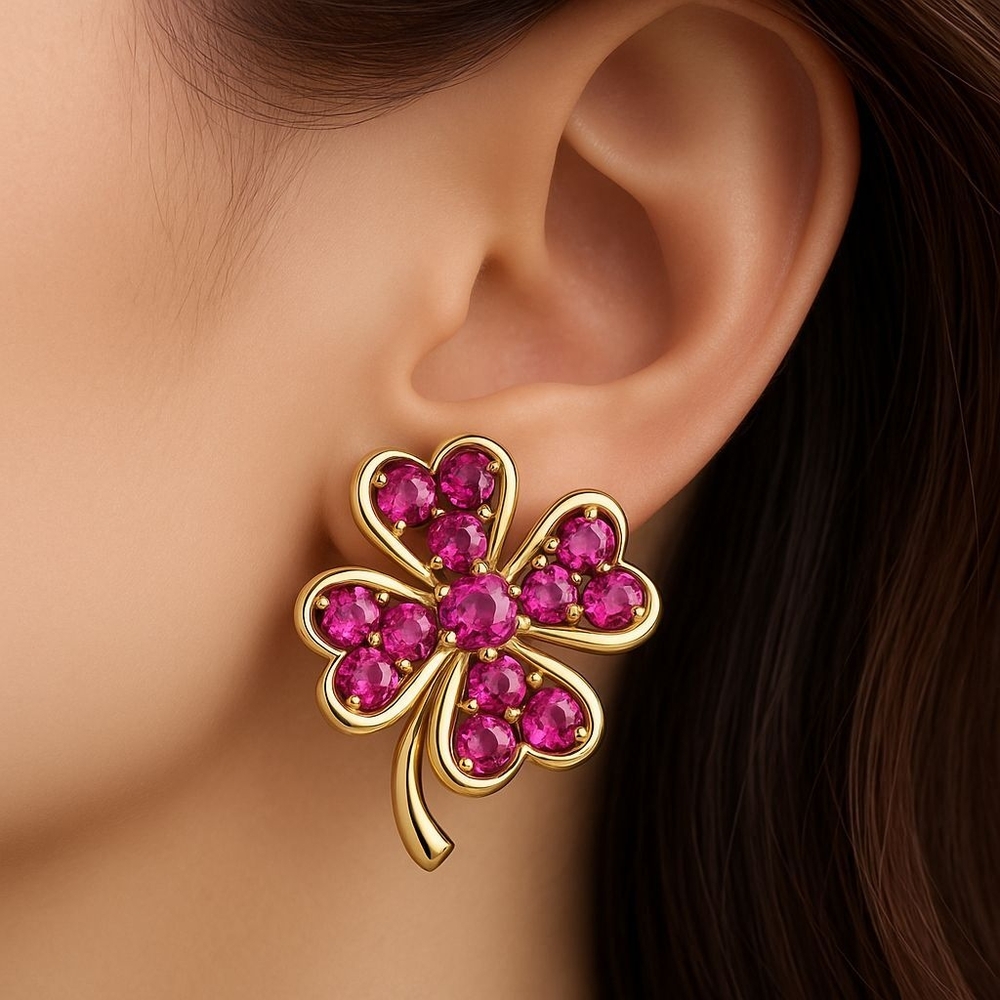 Vintage Sarah Coventry Pink Crystal Gold Tone  Clip on Earrings Clover Leaf